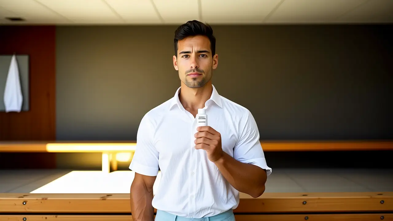 Como eliminar pie de atleta: prevención y consejos efectivos 2 Un hombre atlético luce preocupado en un locker room