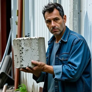 Un hombre melancólico sostiene pilares en ruinas