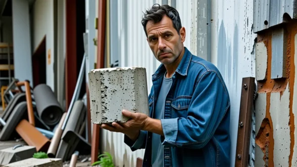 Un hombre melancólico sostiene pilares en ruinas