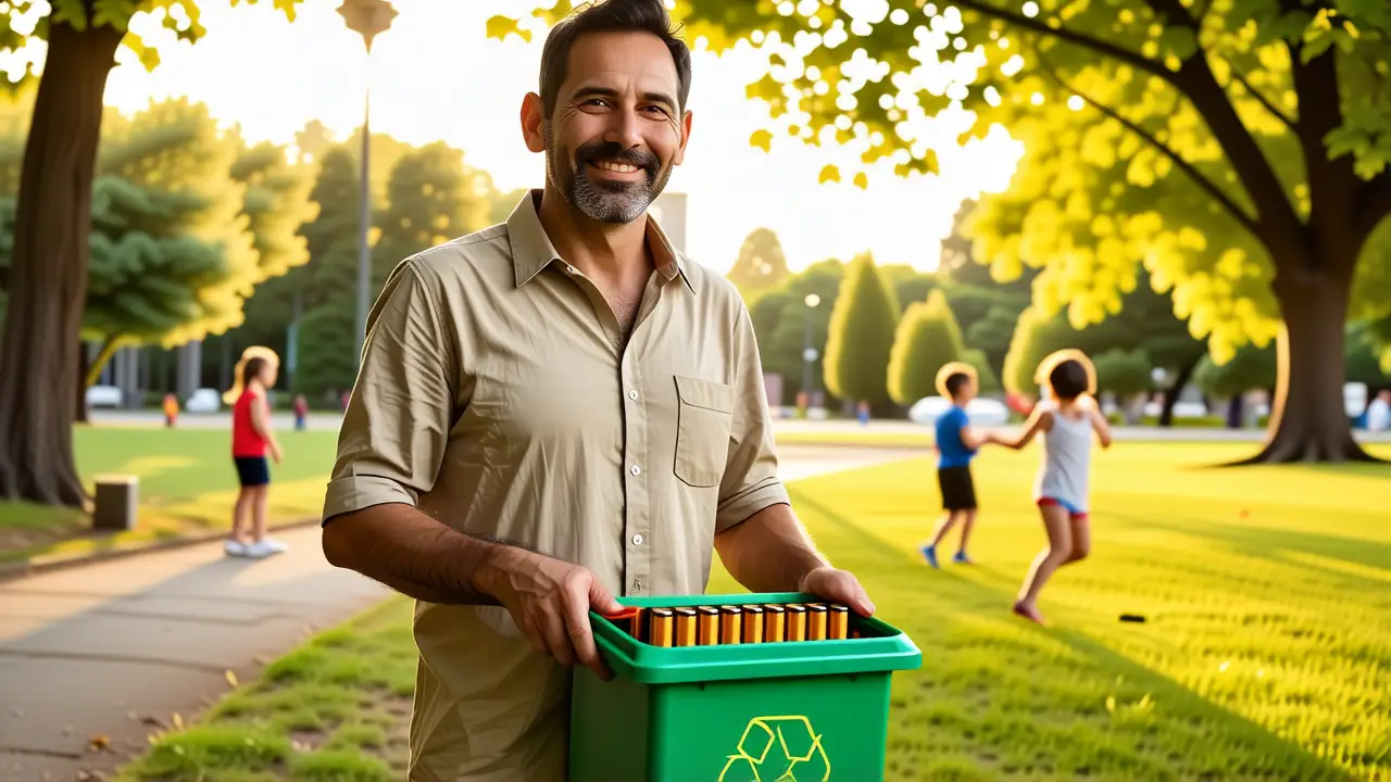 Pilares Usadas: Dónde Tirarlas - Recicla Ahora 5 Un hombre amable recicla en un parque urbano