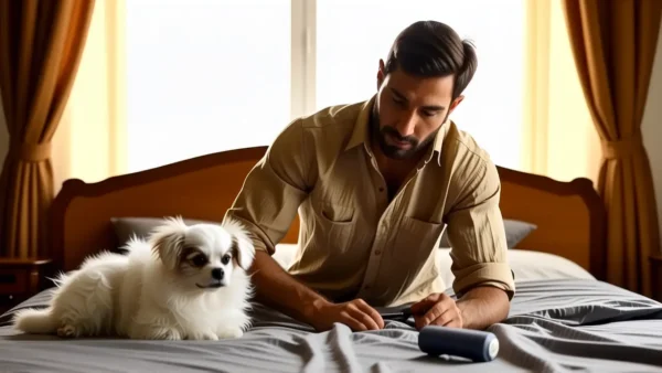 Eliminar Pelusas en Pilled Fabric: Guía Rápida 1 Un hombre pensativo usa un rollo de papel