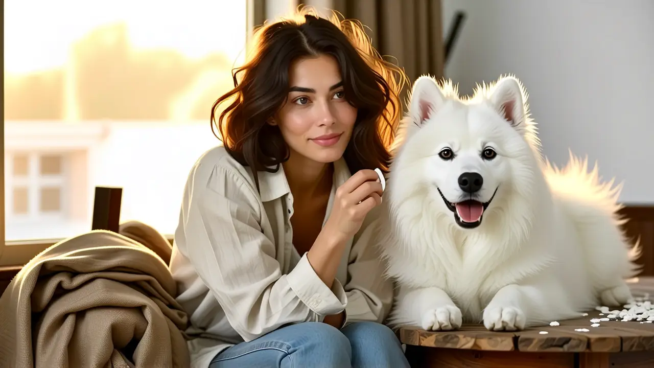 Eliminar Pelusas en Pilled Fabric: Guía Rápida 2 Mujer pensativa con perro en luz cálida