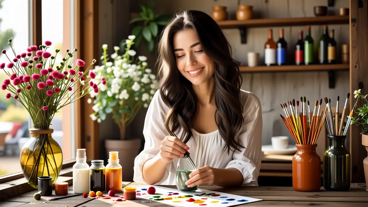 Como pintar botellas de cristal: guía creativa y reciclaje 3 Una mujer española pinta con delicadeza en su estudio