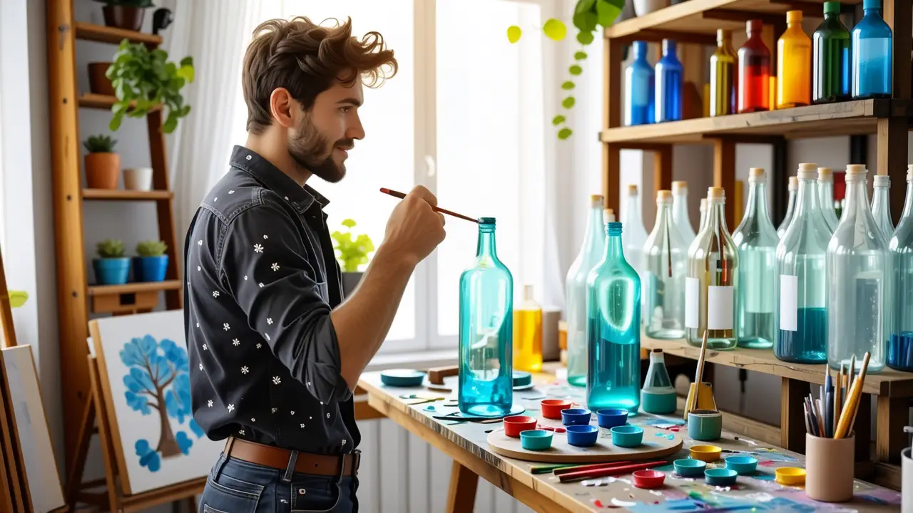 Como pintar botellas de cristal: guía creativa y reciclaje 4 Un artista pinta con cuidado en su estudio