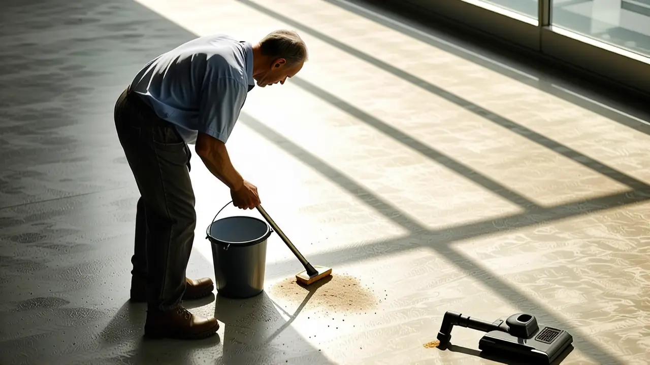 Pintar Cemento: Guía para Suelo Sin Pulir 5 Un hombre limpia con calma en luz cálida