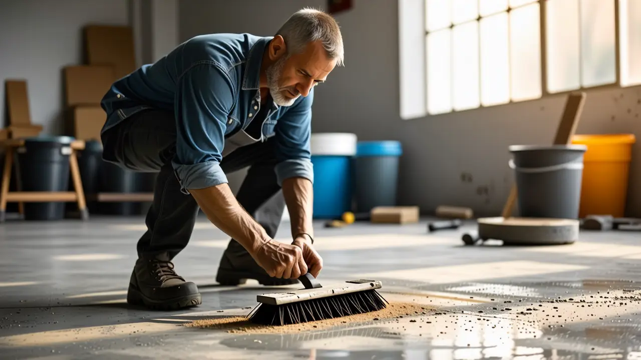 Pintar Cemento: Guía para Suelo Sin Pulir 3 Un hombre trabaja diligentemente en concreto