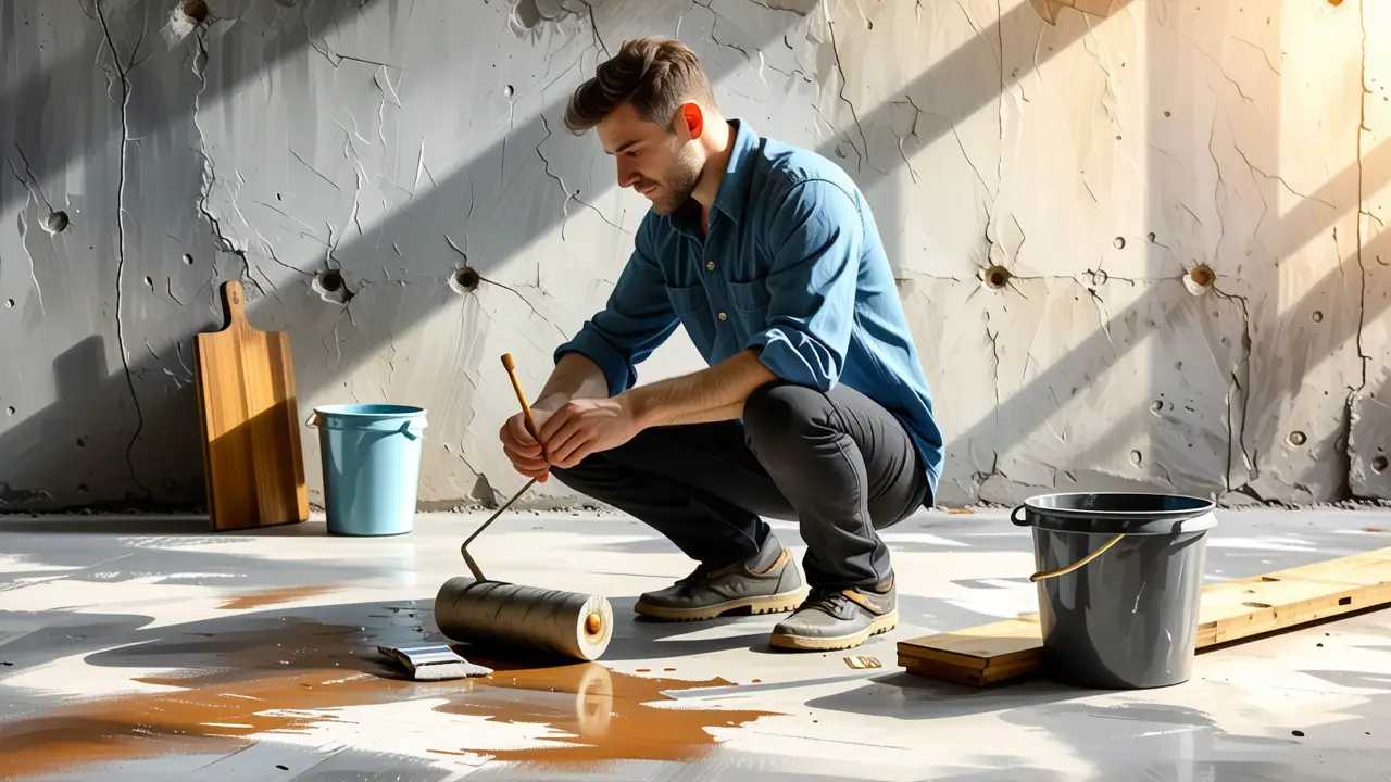 Pintar Cemento: Guía para Suelo Sin Pulir 4 Un pintor realista trabaja con profesionalidad y arte