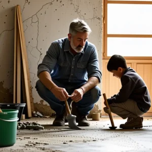 Pintar Cemento: Guía para Suelo Sin Pulir 11 Un hombre contempla la construcción con luz cálida
