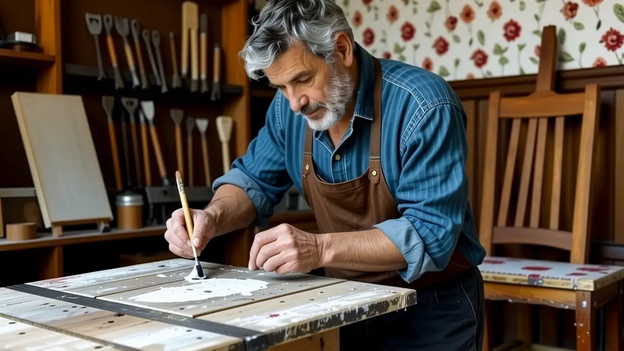Un hombre español paciente pinta madera cálida