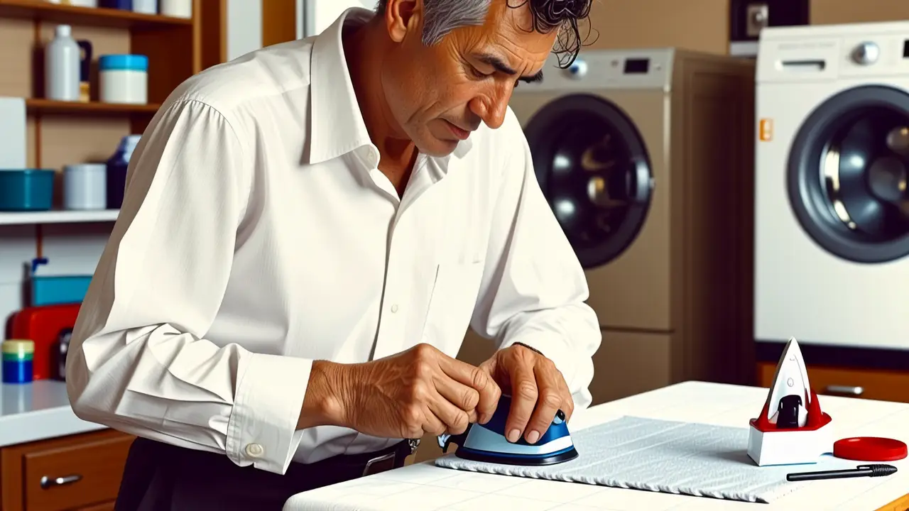 Como planchar camisa: guía fácil y efectiva 4 Ilustración vintage muestra a un hombre planchando camisa