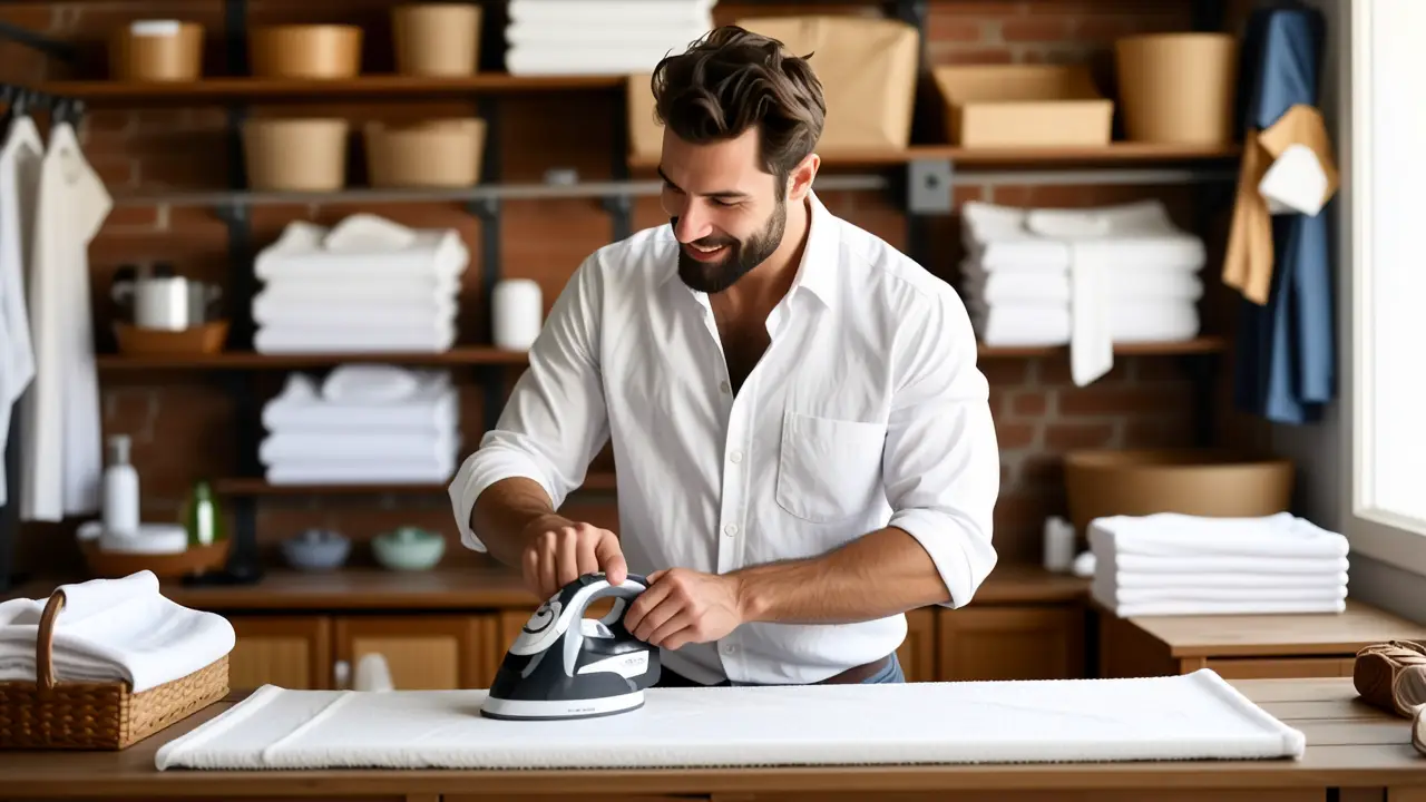 Como planchar camisa: guía fácil y efectiva 6 Un hombre arregla su camisa en casa