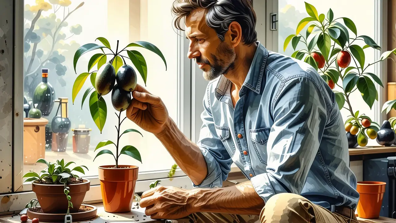 Plantar Aguacate: Guía para Cultivar Palta en Casa 6 Un hombre examina un árbol de aguacate tranquilo
