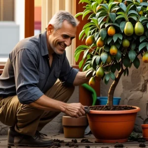 Un hombre jardinero cuida su árbol con calma
