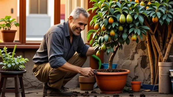 Plantar Aguacate: Guía para Cultivar Palta en Casa 1 Un hombre jardinero cuida su árbol con calma