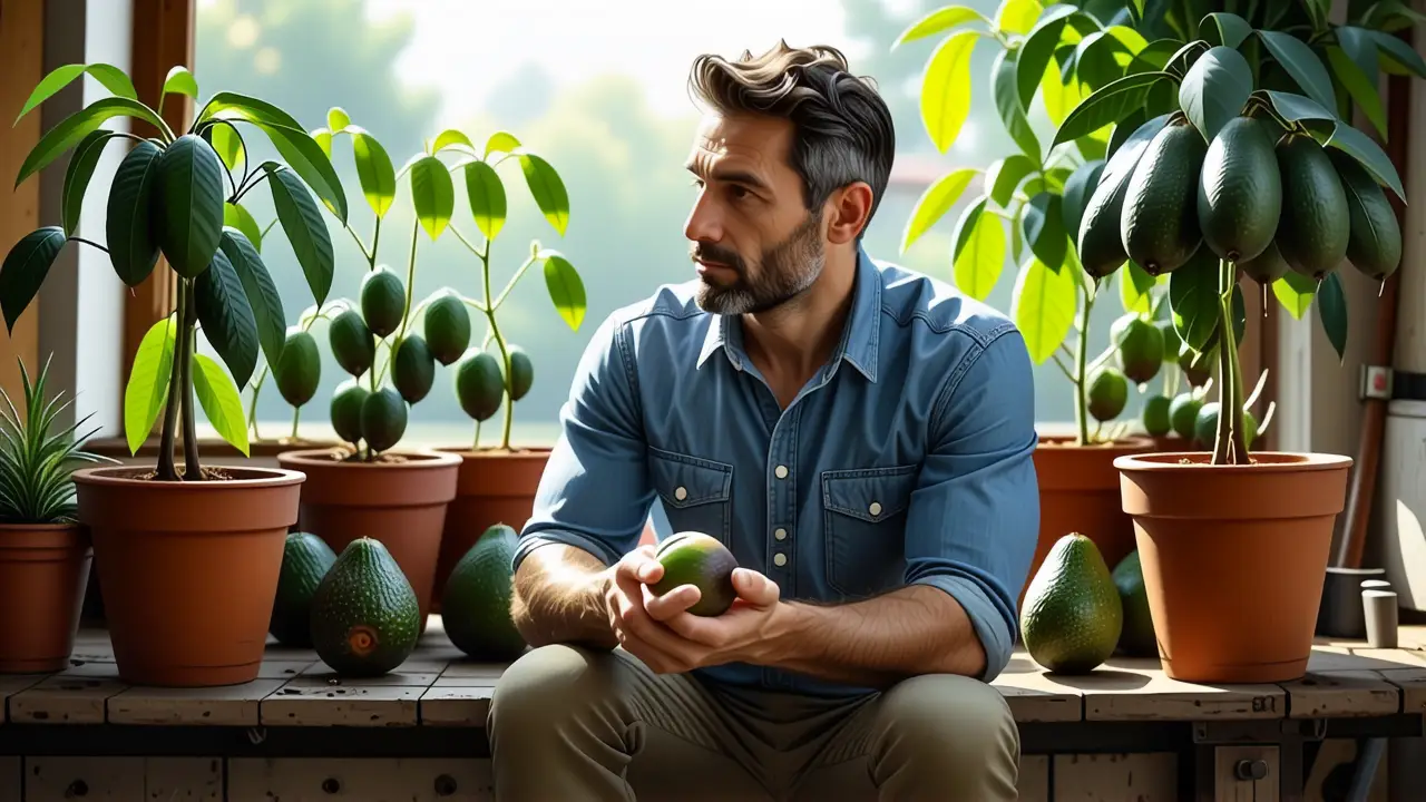 Plantar Aguacate: Guía para Cultivar Palta en Casa 3 Un hombre pensativo observa un aguacate en la luz