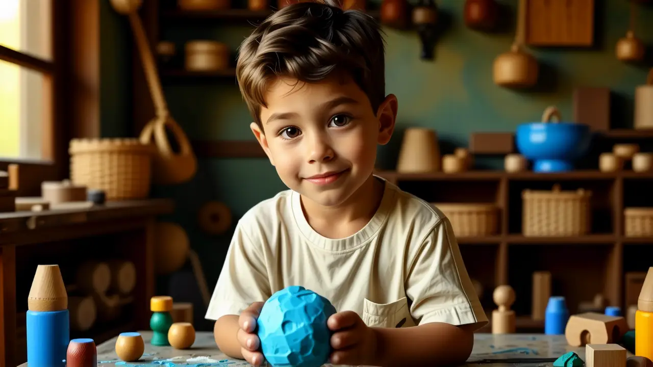 Un niño español realista juega con plastilina