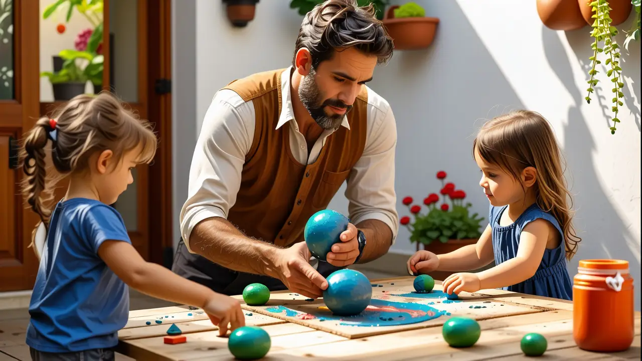 Un hombre pensativo modela ropa con niños