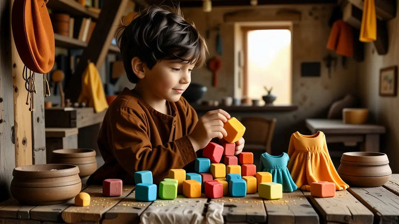 Un niño español crea con plastilina en un taller rústico