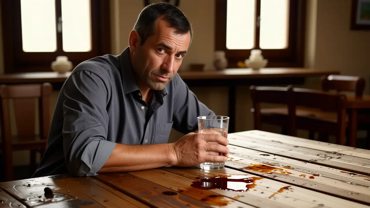 Poliester: ¿Es impermeable? Características clave 4 Un hombre preocupado examina una mancha en su camisa