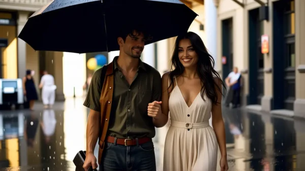 Un hombre pensativo camina en lluvia barcelonesa