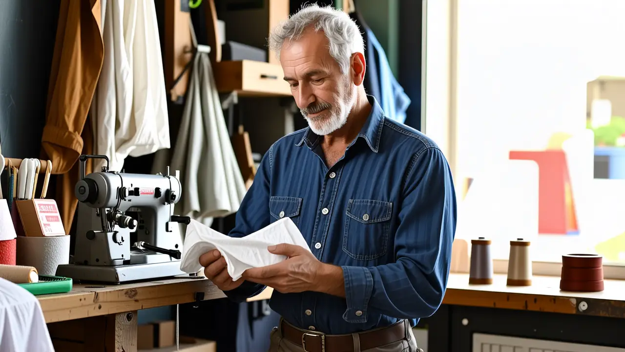 Poliester: ¿Es impermeable? Características clave 5 Un hombre amable examina tela en taller