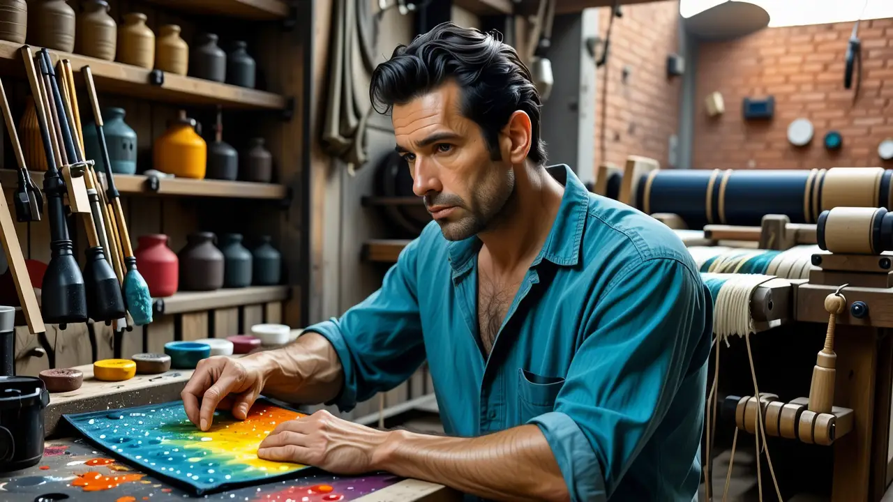 Poliester: ¿Es impermeable? Características clave 3 Un hombre contempla el tejido en un taller melancólico