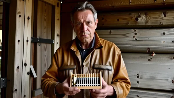 Un hombre serio captura mariposas en un granero
