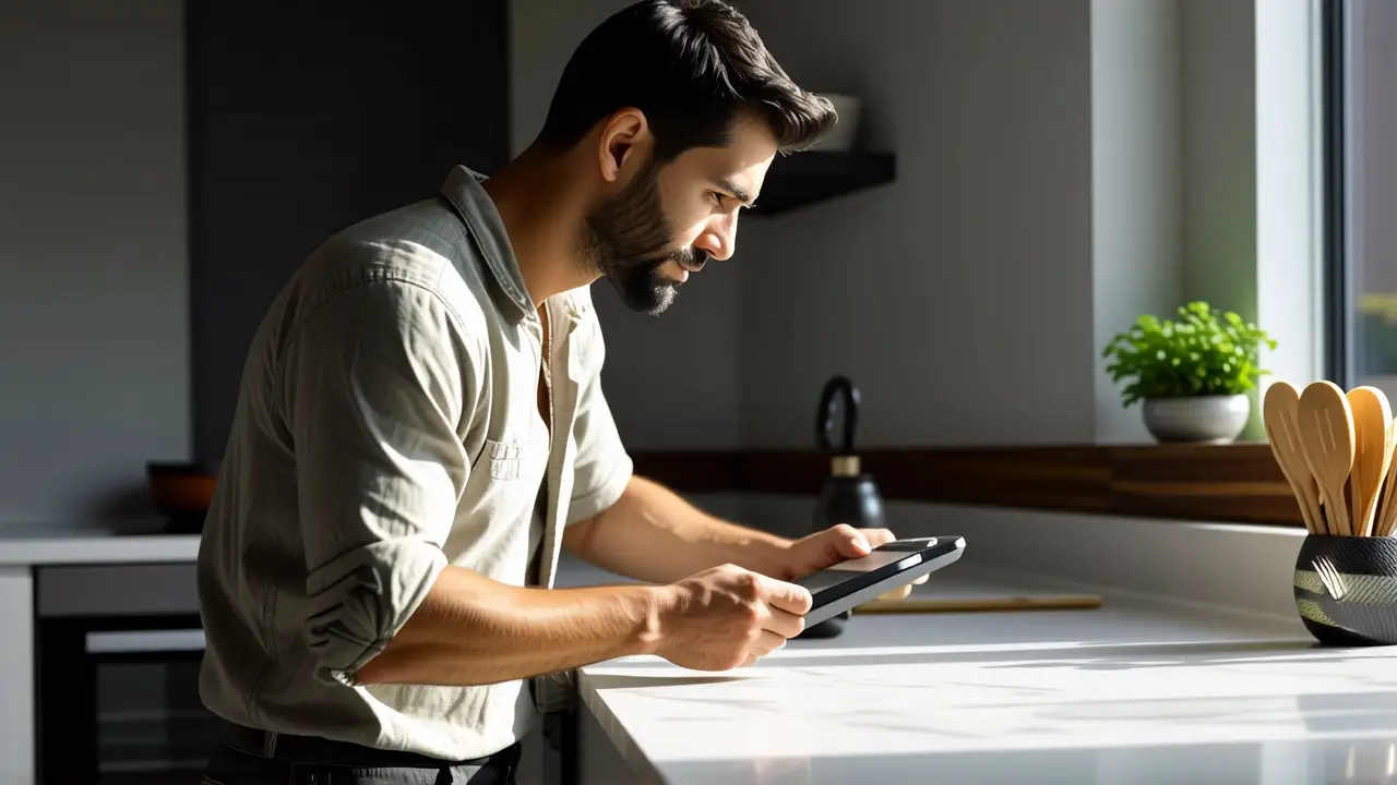 Un hombre pensativo en una cocina luminosa