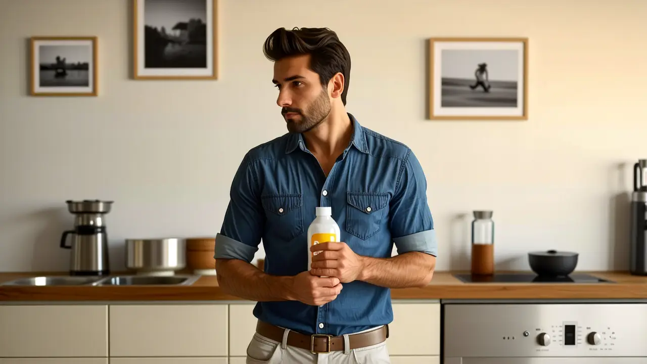 Hombre pensativo usa detergente en casa