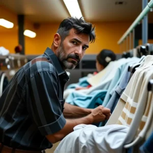 Problemas Lavandería Autoservicio: Soluciones Lavalux 11 Un hombre pensativo lava ropa en un lavadero