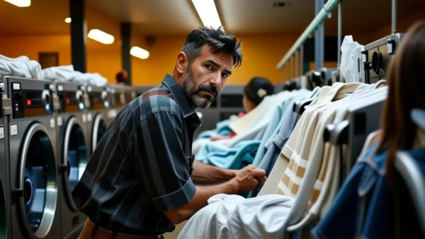 Un hombre pensativo lava ropa en un lavadero