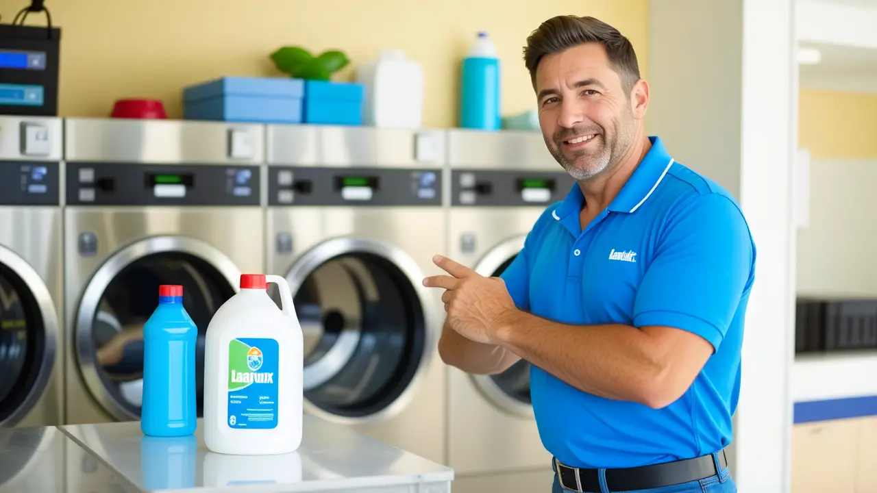 Un hombre amable instruye sobre detergente en lavandería