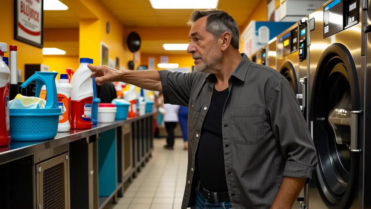 Un hombre pensativo en una lavandería