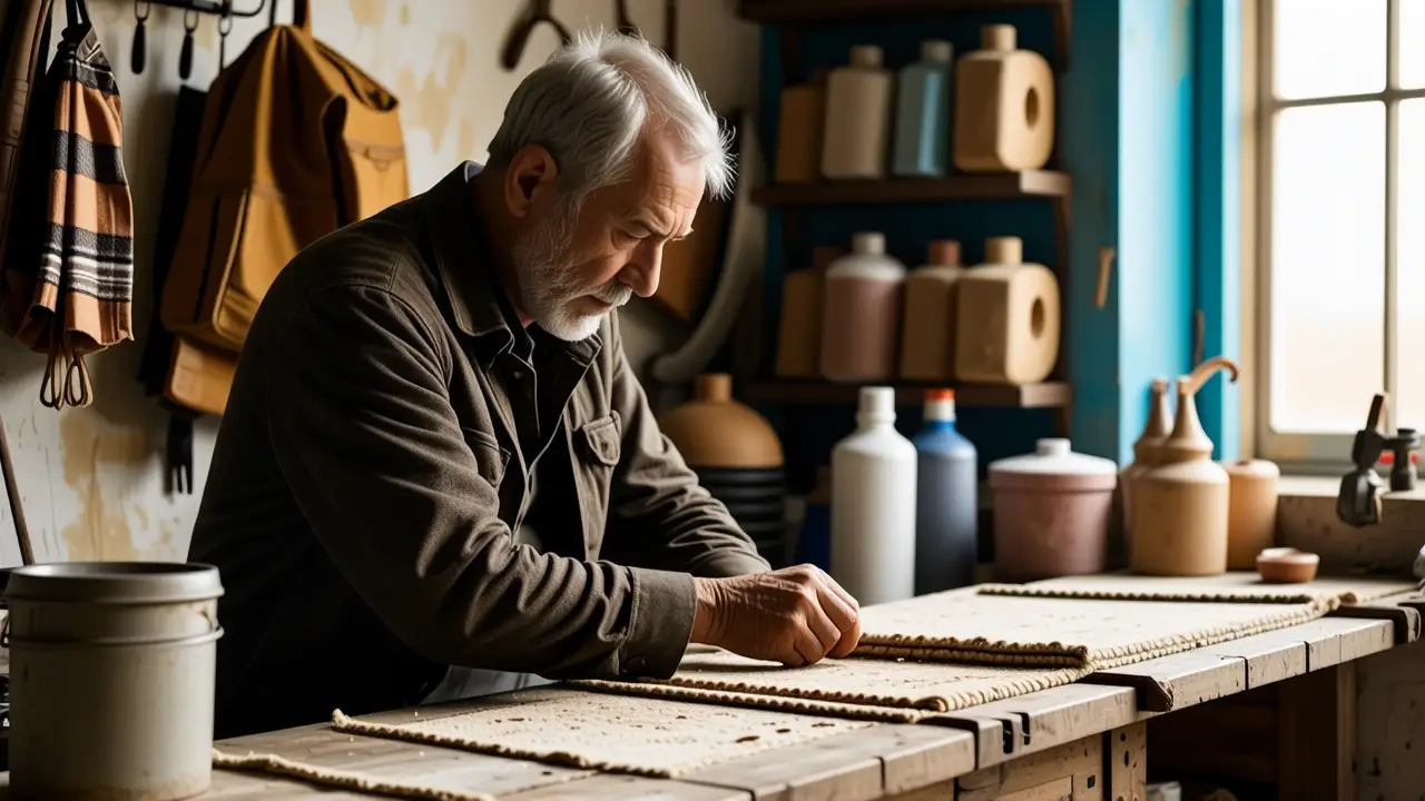 Producto para Limpiar Alfombras: Guía Completa 2 Un hombre español examina un tapiz en taller