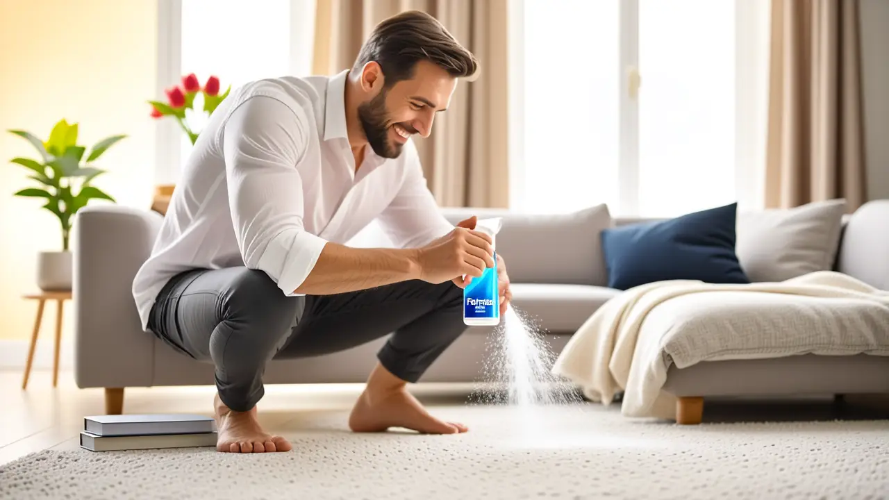 Producto para Limpiar Alfombras: Guía Completa 5 Un hombre moderno rocía fragancia en un hogar luminoso