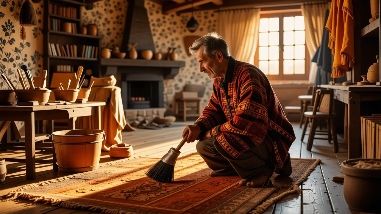 Producto para Limpiar Alfombras: Guía Completa 3 Un hombre examina un tapiz en casa