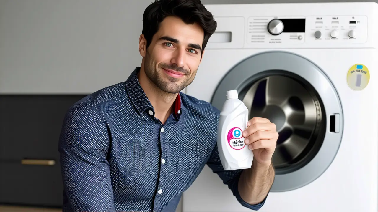 Productos Limpia Lavadoras Online: 3 Botellas + Envío Rápido 2 Un hombre casual sostiene detergente frente a una lavadora