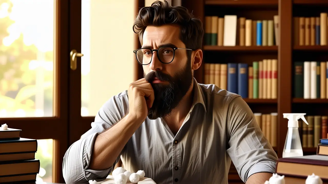 Un hombre pensativo limpia sus gafas