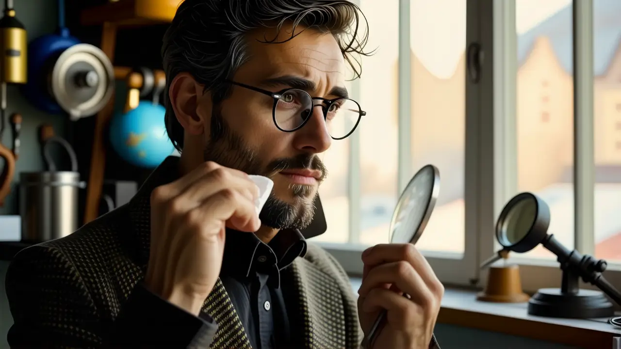 Un hombre reflexivo pulsa gafas en taller