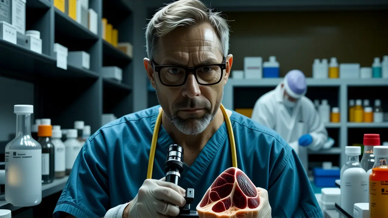 Un médico examina un pulmón preocupado en laboratorio