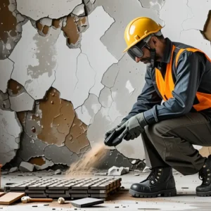 Un hombre inspecciona asbesto con precaución en obra