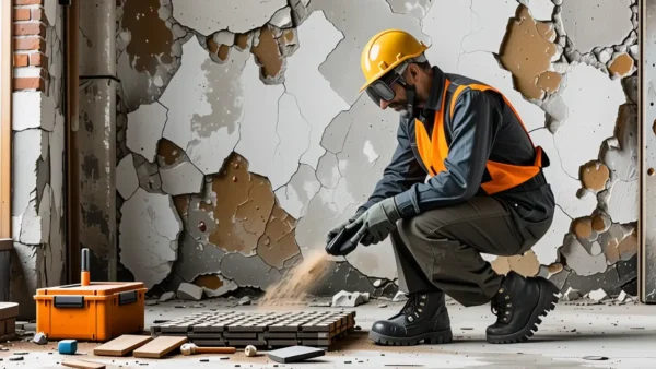 Un hombre inspecciona asbesto con precaución en obra