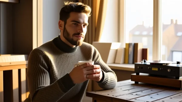 Un hombre elegante disfruta la tarde con café