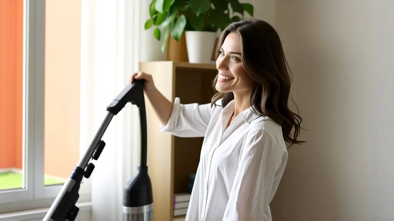 Que es limpiar: ordenar y limpiar para tu hogar 3 Mujer sonríe limpiando una habitación acogedora