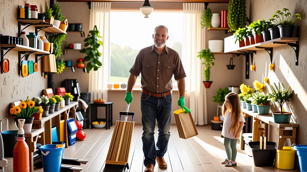 Que es limpiar: ordenar y limpiar para tu hogar 2 Un hombre español limpia con su hija