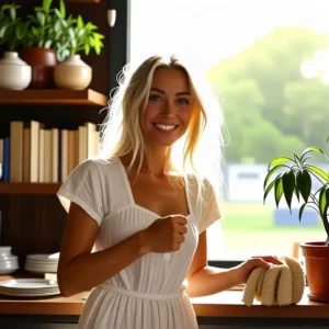 Mujer blanca sonríe en hogar cálido y tranquilo