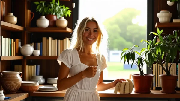 Mujer blanca sonríe en hogar cálido y tranquilo