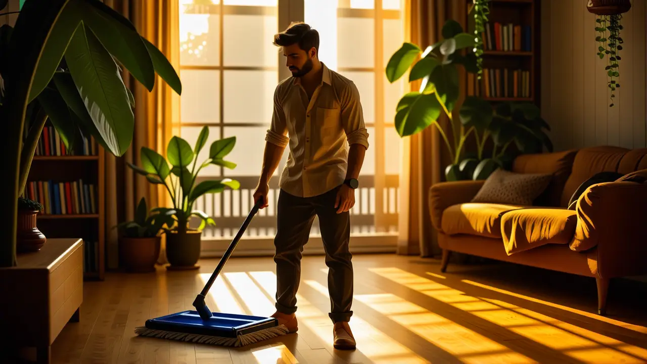 Tipos de Mopa: Guía para Elegir la Ideal 3 Un hombre relajado sostiene un trapo en luz cálida