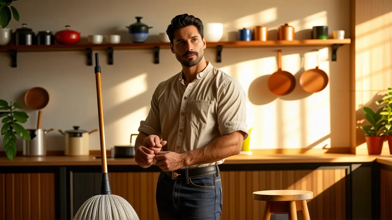 Tipos de Mopa: Guía para Elegir la Ideal 5 Un hombre pensativo sostiene un trapo en luz cálida