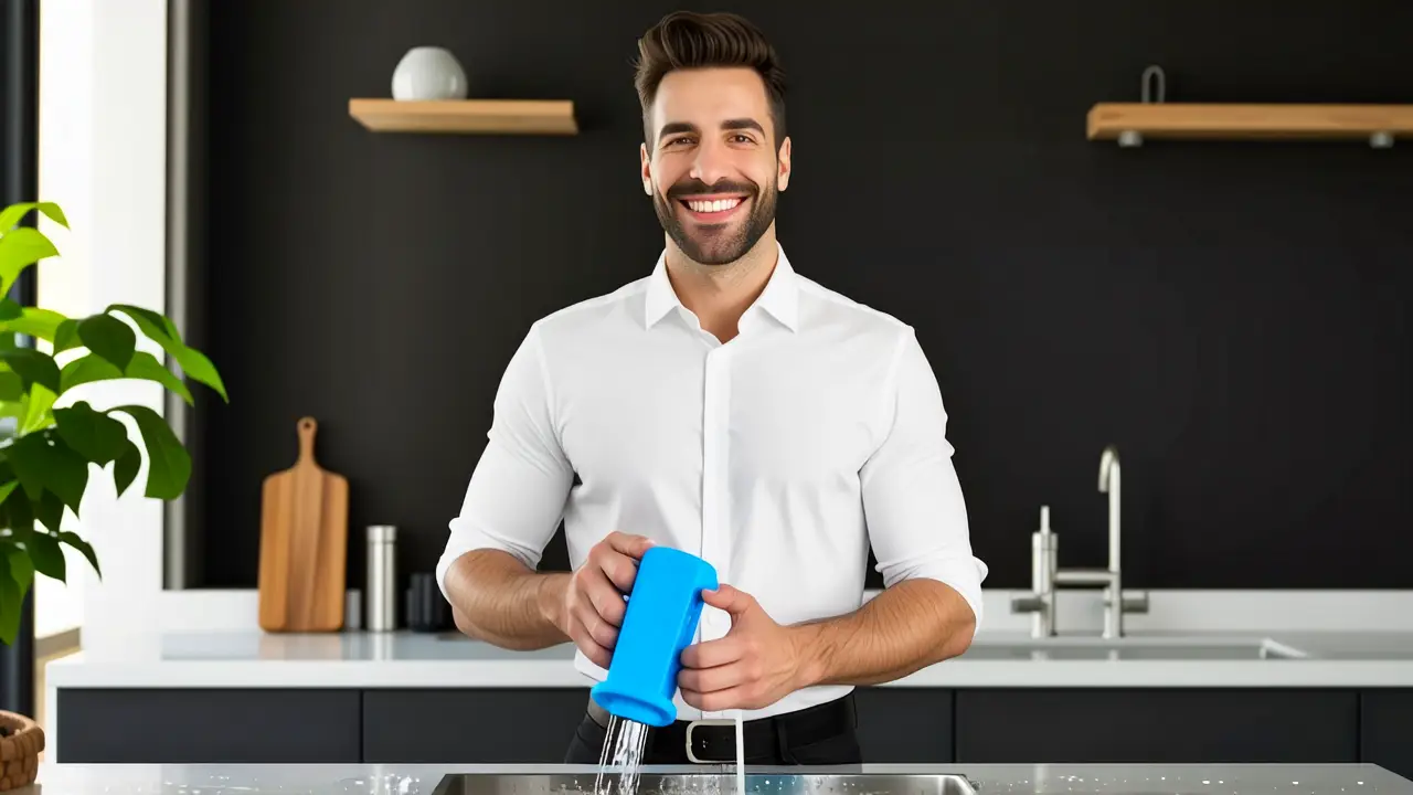Un hombre sonriente usa Scrub Daddy en cocina